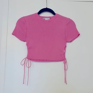 Pink Knit Tie Crop Tee